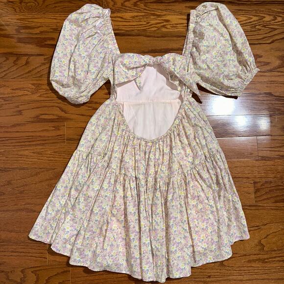 NWT Mable Pretty n Pink Floral Puff Sleeve Backless Babydoll Mini Dress Size M - Picture 11 of 13